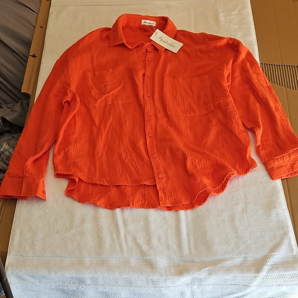 Paintcolors Womens XXL Orange Button Down Shirt Long‎ Sleeve Textured Oversized